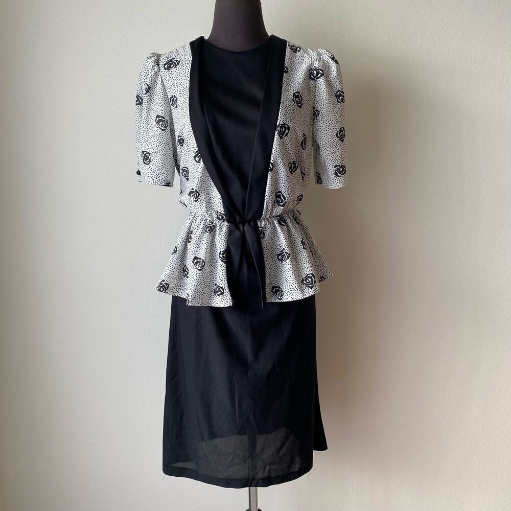VTG Office Siren‎ MobWife Polka Dot Rose Peplum Dress M Black White
